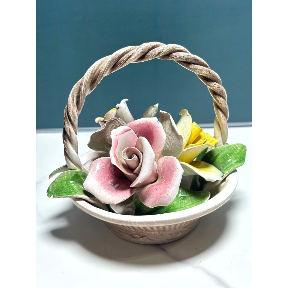Vintage Italian Capodimonte Ceramic Flower Basket Pink Yellow Roses Italy